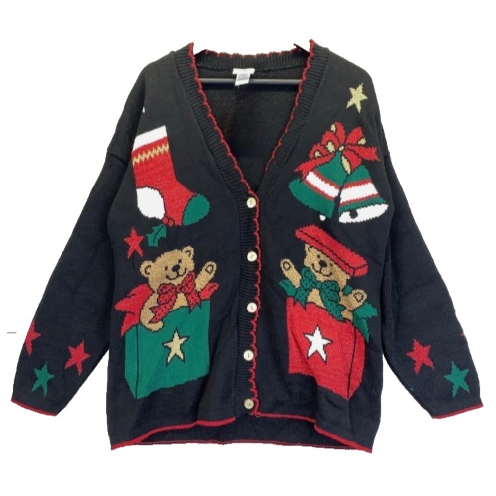 HOLIDAY TIME Christmas Sweater Cardigan BLACK/RED GREEN Teddy Bears Stockings S